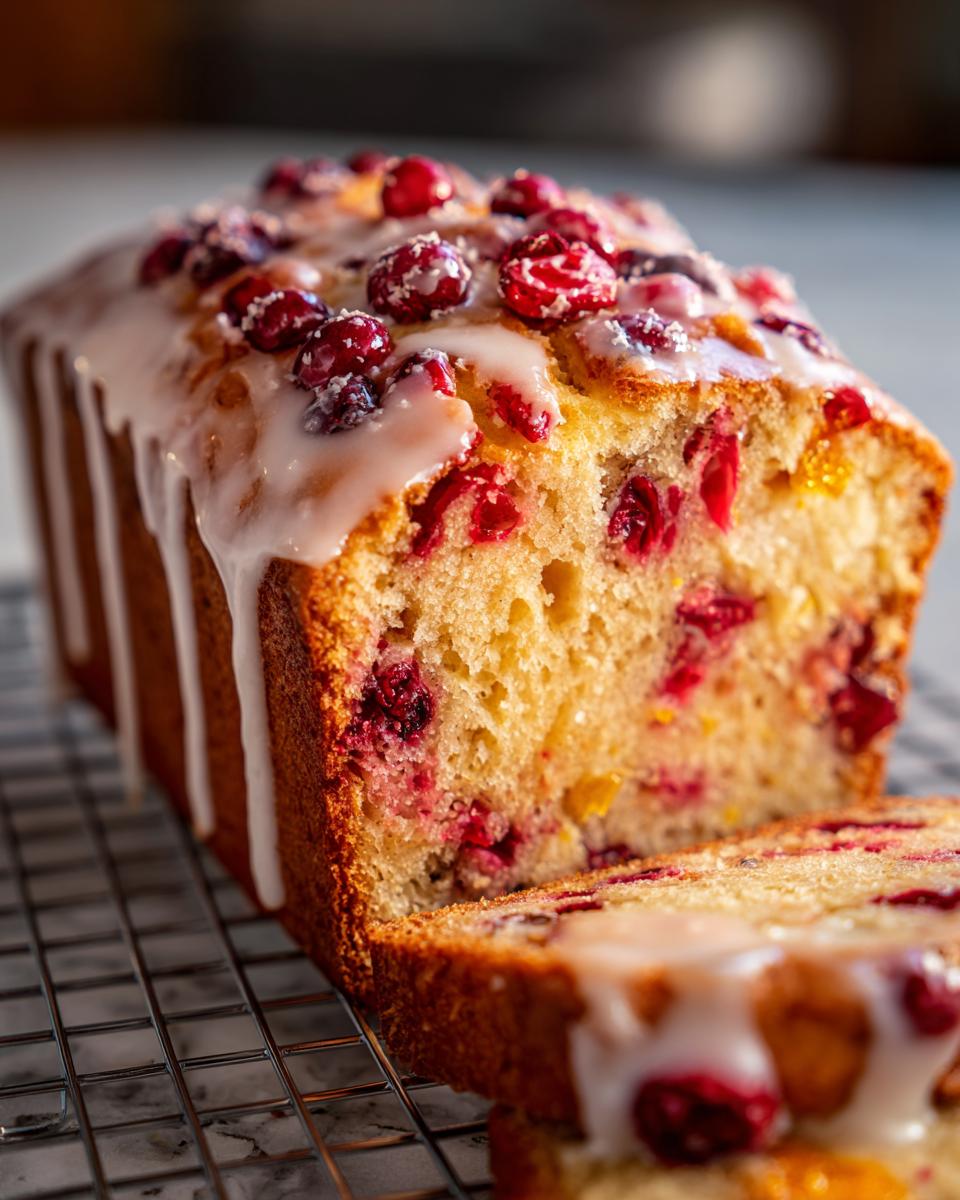 A moist cranberry orange bread loaf, topped with a white glaze and fresh cranberries, with a slice cut off.