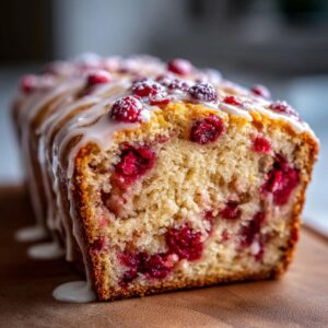 Close-up of a moist cranberry orange bread loaf, drizzled with icing and topped with cranberries.