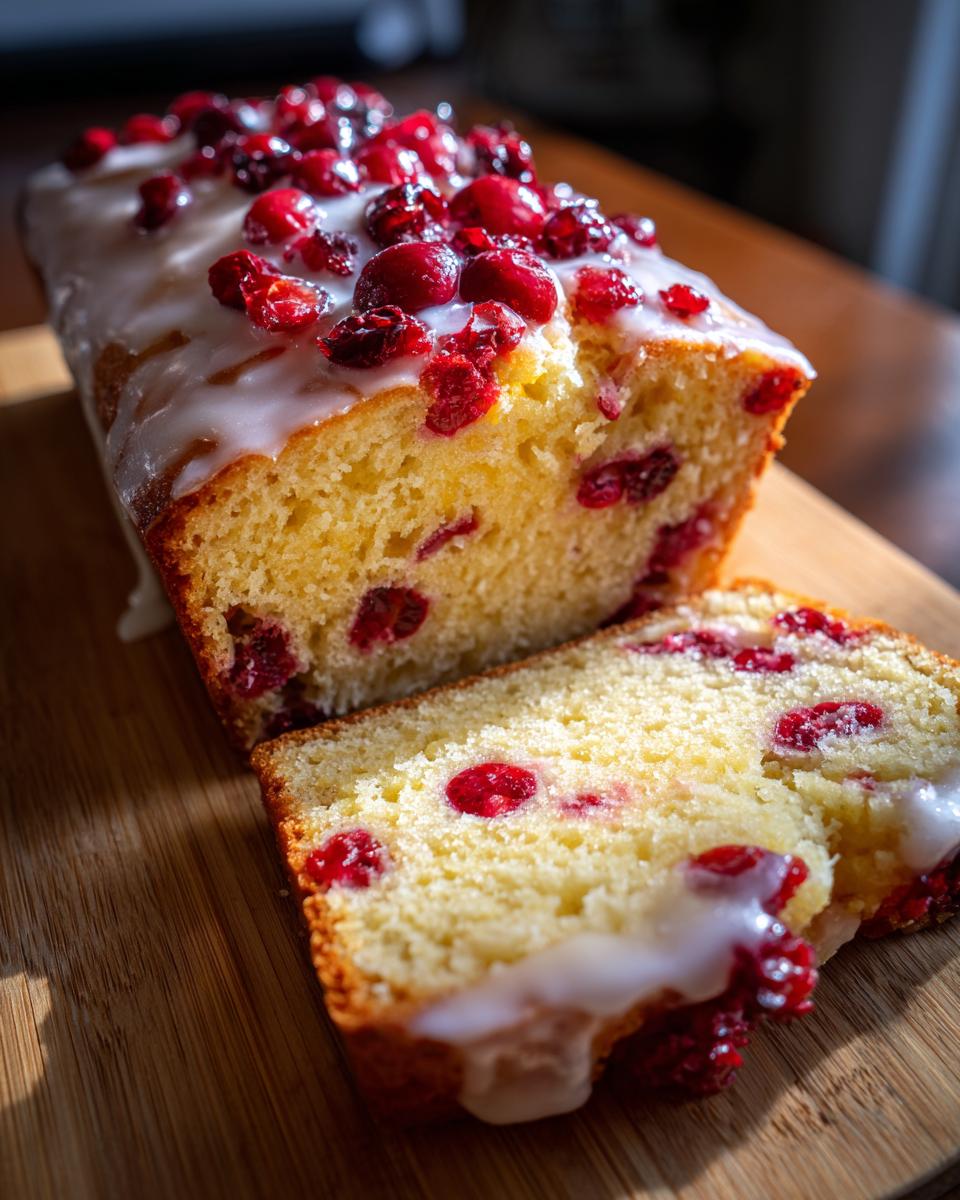 Close-up of a moist cranberry orange bread loaf, topped with glaze and fresh cranberries, with two slices cut.