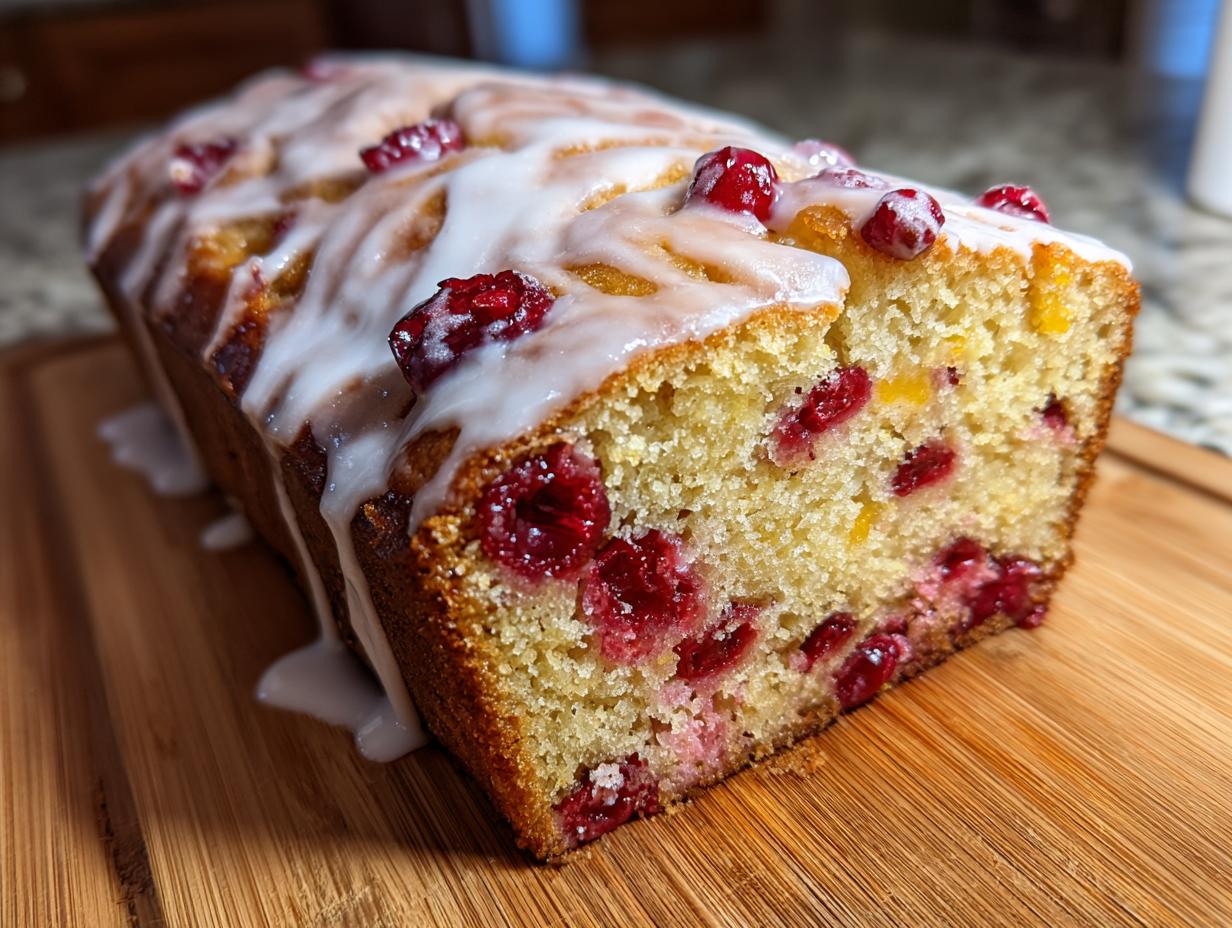 A close-up shot of a moist cranberry orange bread loaf, topped with a white glaze and fresh cranberries.