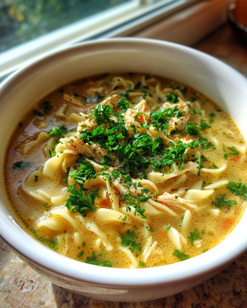 A close-up of a bowl of creamy chicken noodle soup, garnished with fresh parsley.