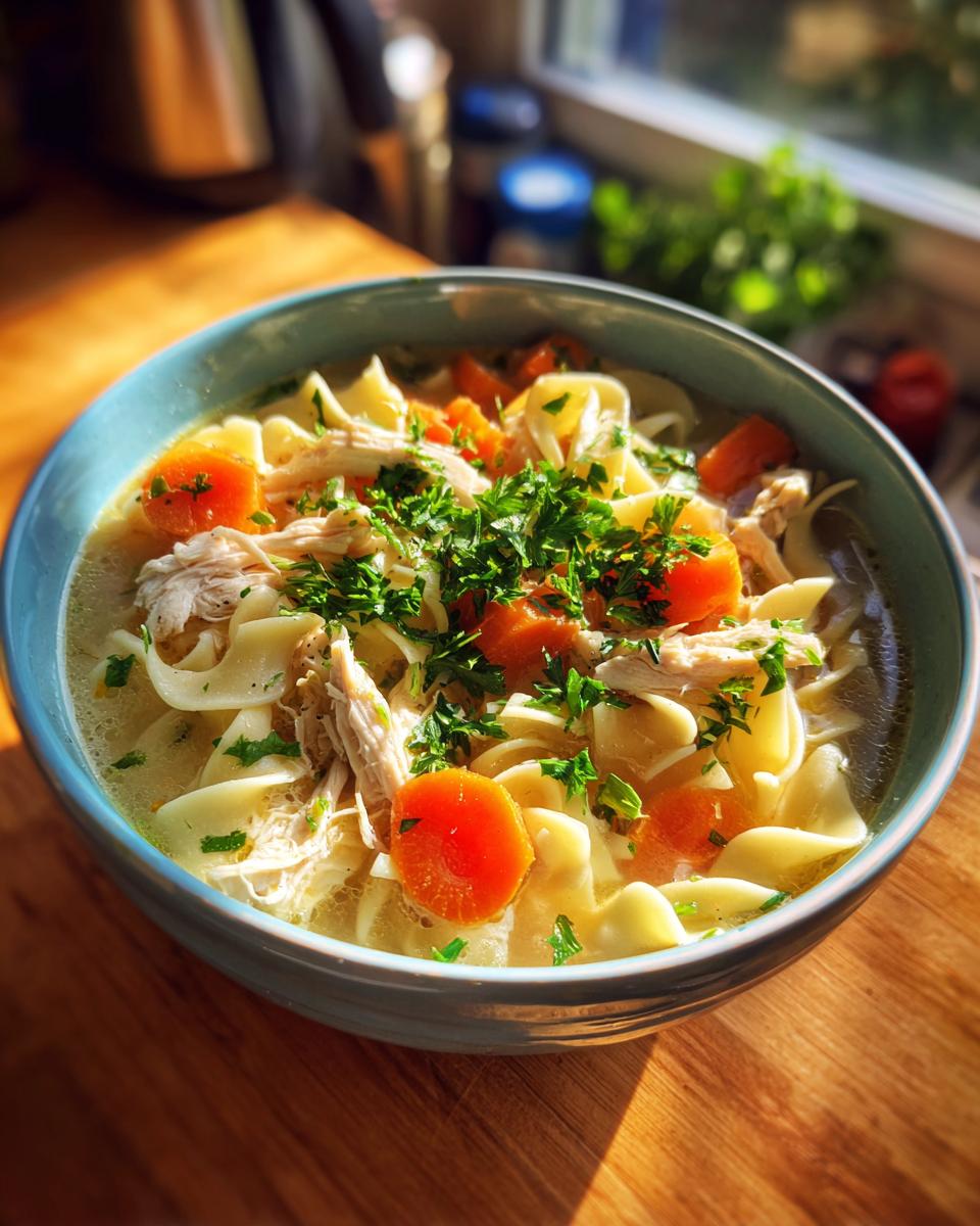 A close-up of a bowl of creamy chicken noodle soup, featuring wide noodles, shredded chicken, carrots, and fresh parsley.