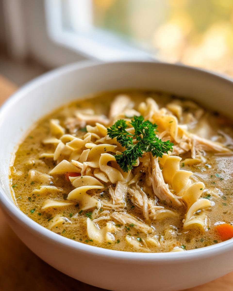 A close-up of a white bowl filled with creamy chicken noodle soup, garnished with parsley.