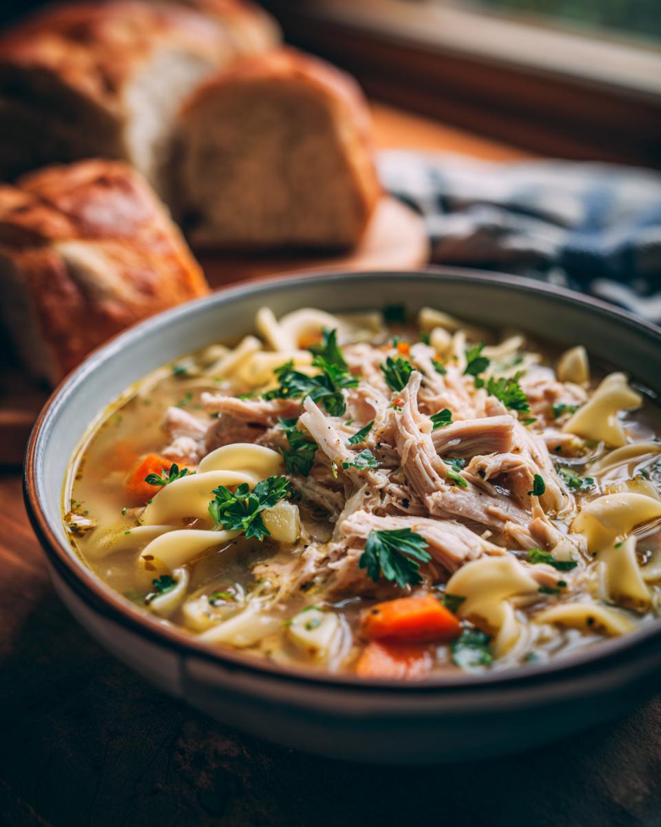 A close-up of a bowl of creamy chicken noodle soup, filled with shredded chicken, noodles, carrots, and parsley.