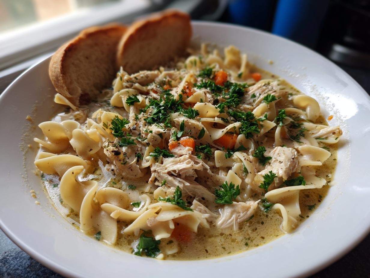 A close-up of a bowl of creamy chicken noodle soup, featuring wide egg noodles, shredded chicken, carrots, and parsley, served with two slices of bread.