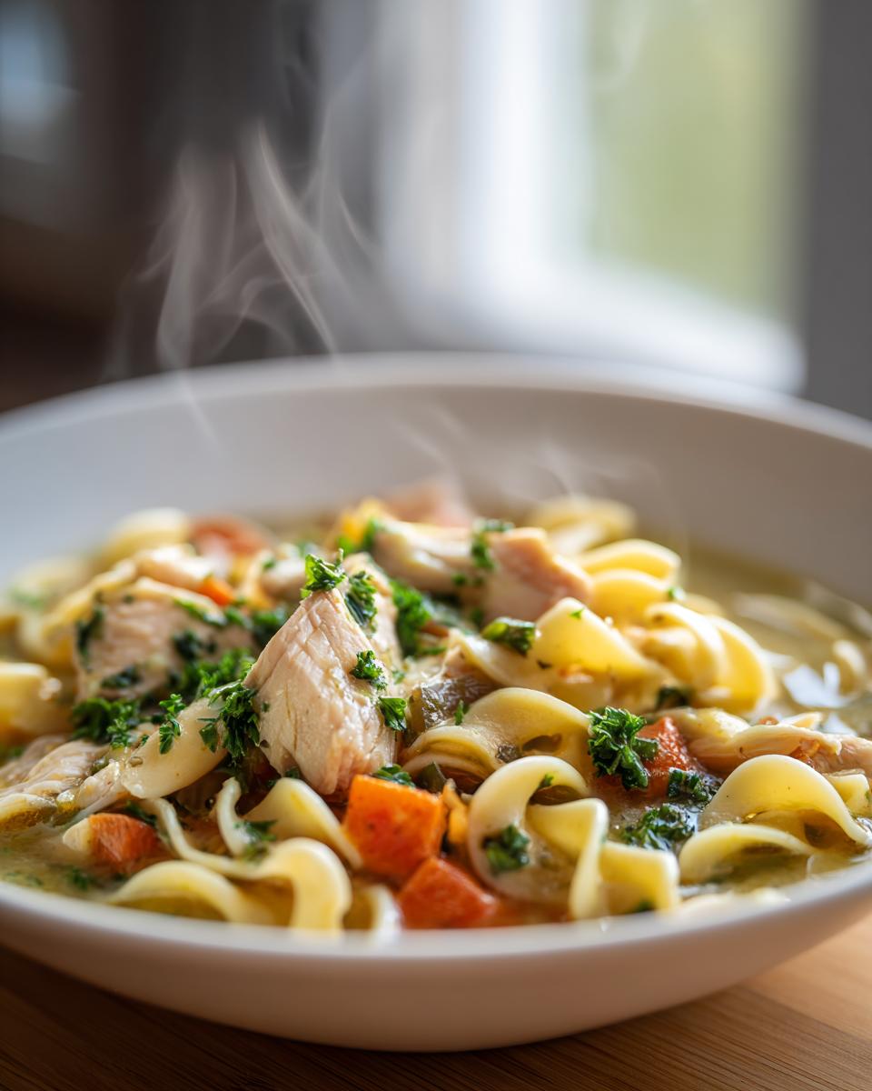 A close-up of a steaming bowl of creamy chicken pasta soup, filled with tender chicken, noodles, carrots, and herbs.