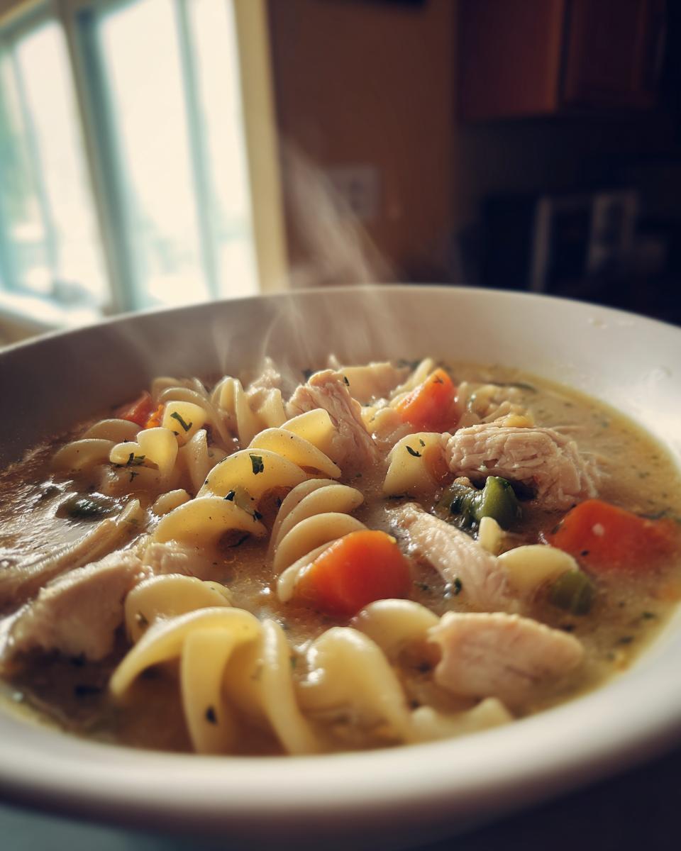 A close-up shot of a steaming bowl of creamy chicken pasta soup, filled with rotini pasta, shredded chicken, carrots, and celery.