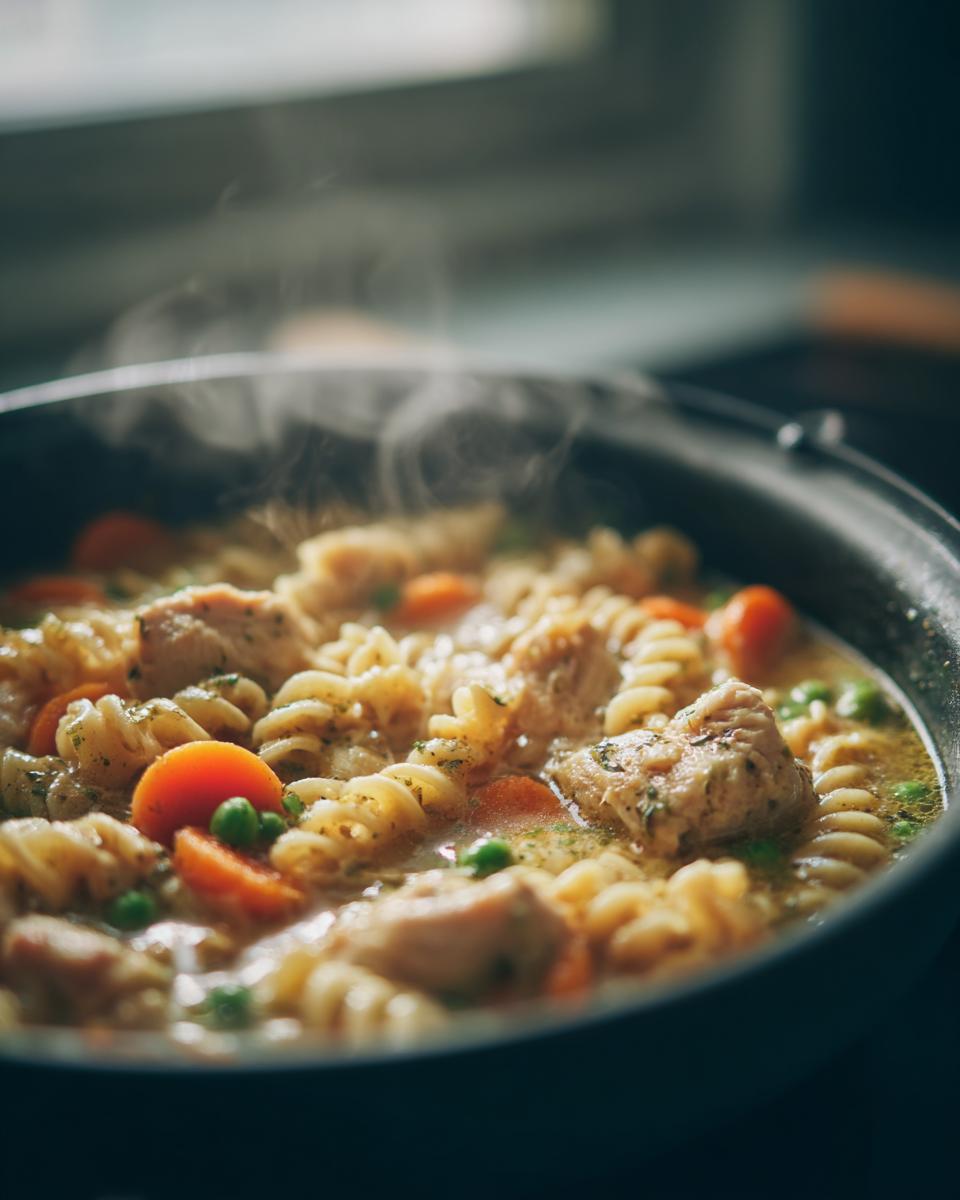 Close-up of a steaming bowl of creamy chicken pasta soup with rotini pasta, chicken pieces, carrots, and peas.