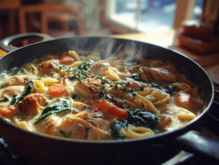 Close-up of a steaming pan filled with creamy chicken pasta soup, featuring chicken pieces, pasta, carrots, and spinach.