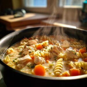 Close-up of a steaming pot of creamy chicken pasta soup with rotini pasta, chicken pieces, and carrots.