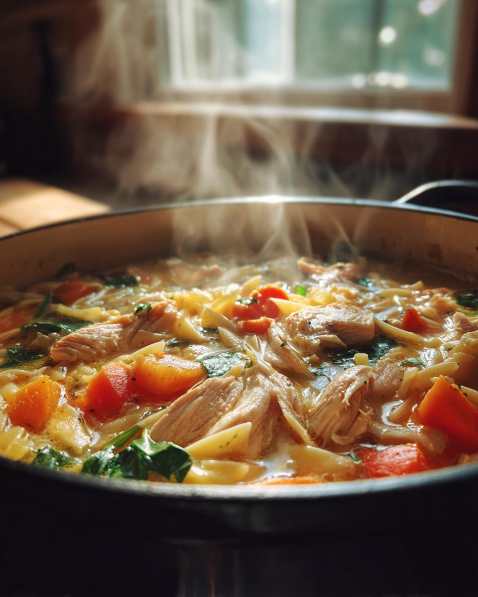 Close-up of a pot of steaming creamy chicken pasta soup with chunks of chicken, carrots, and noodles.