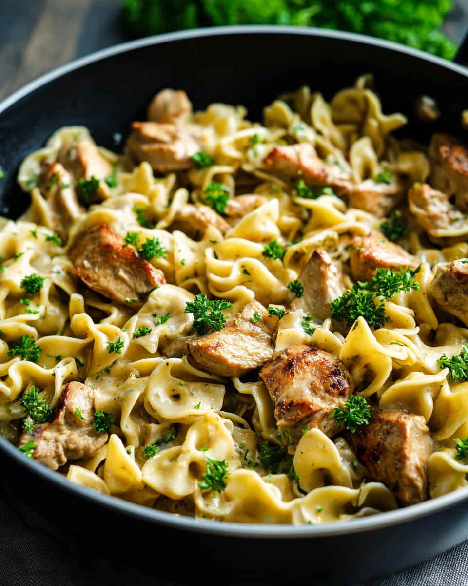 A close-up of creamy garlic parmesan chicken served with wide egg noodles and garnished with fresh parsley.