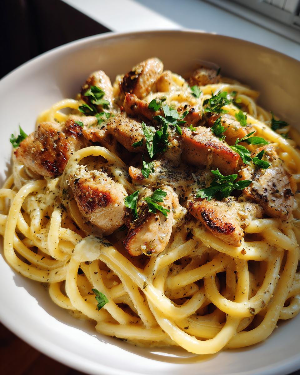 A close-up of creamy garlic parmesan chicken served over thick spaghetti noodles, garnished with fresh parsley.