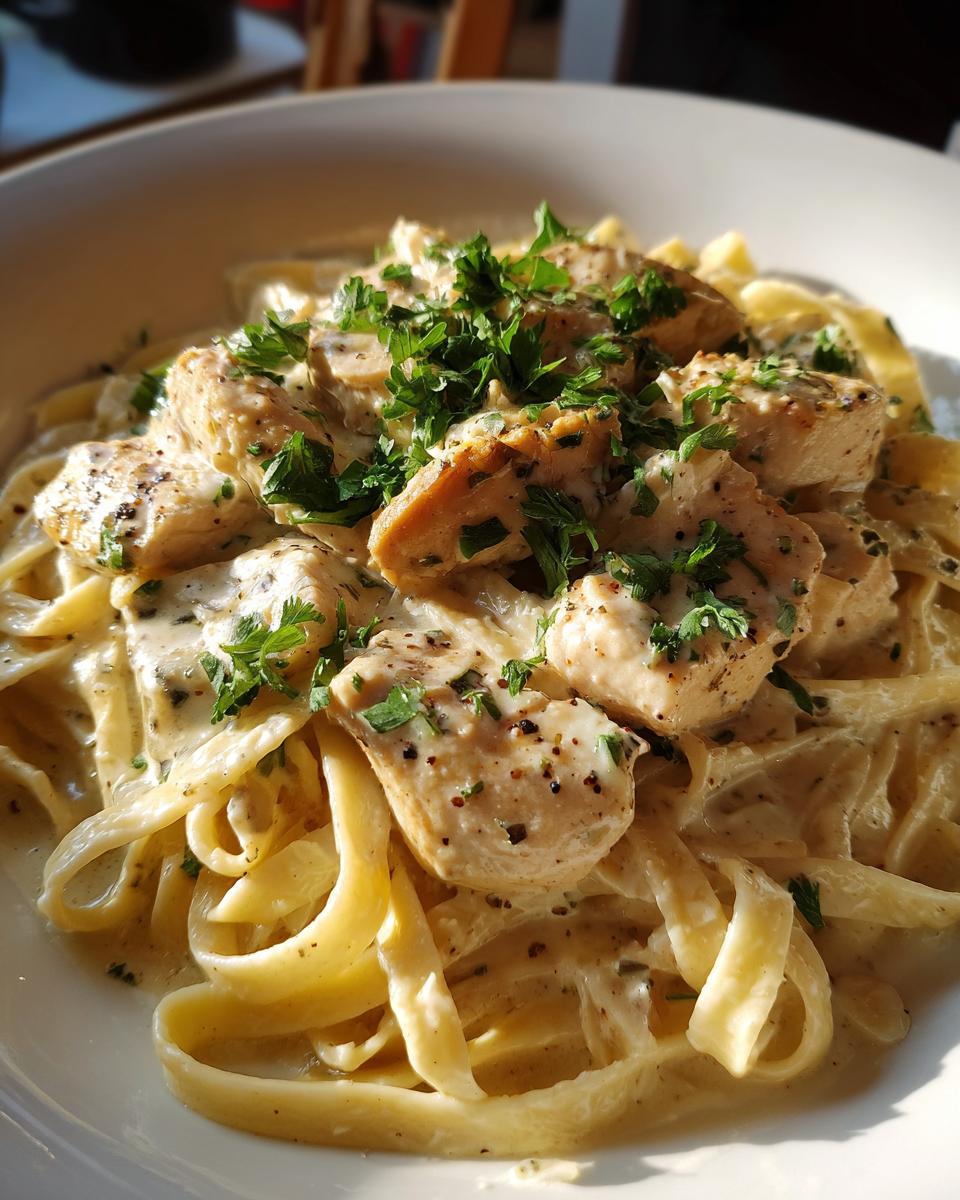 A close-up of creamy garlic parmesan chicken pasta with fettuccine noodles and garnished with parsley.