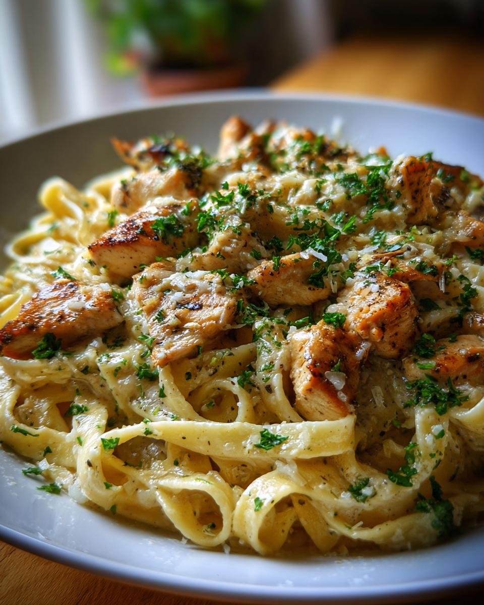 A close-up of creamy garlic parmesan chicken pasta, featuring fettuccine noodles, grilled chicken pieces, and fresh parsley.