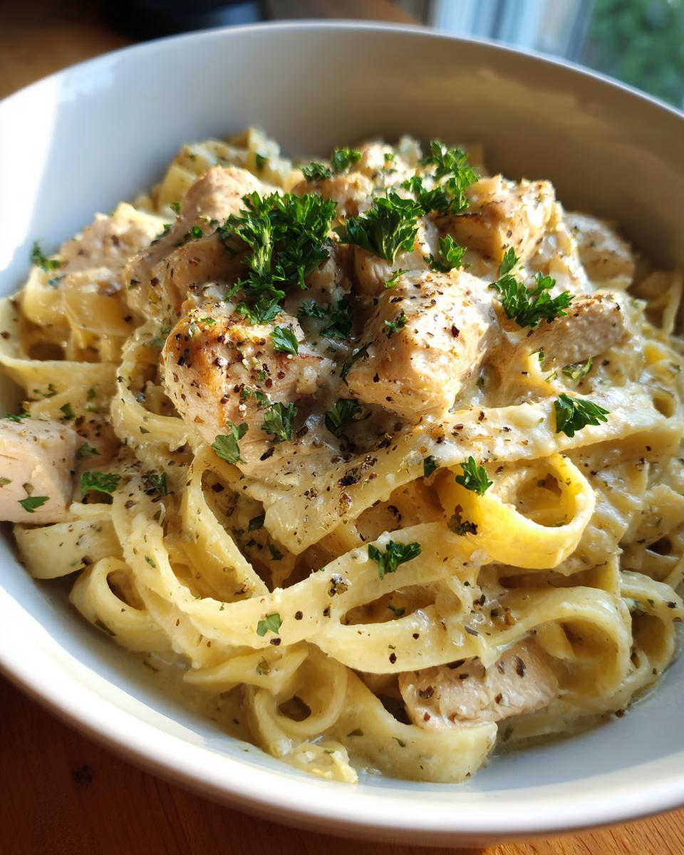 A close-up of creamy garlic parmesan chicken pasta, garnished with fresh parsley and black pepper.