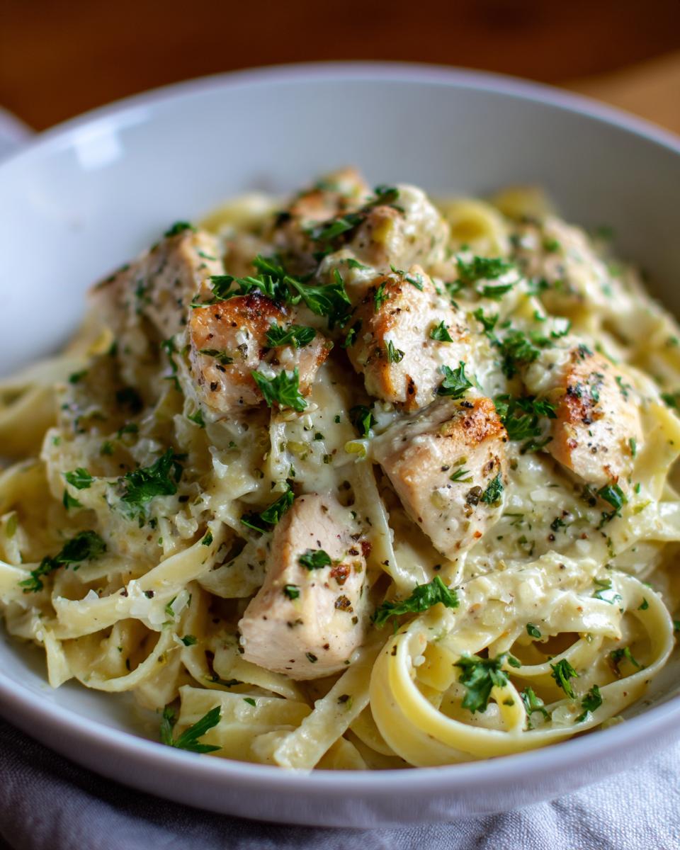 A bowl of creamy garlic parmesan chicken pasta topped with fresh parsley.