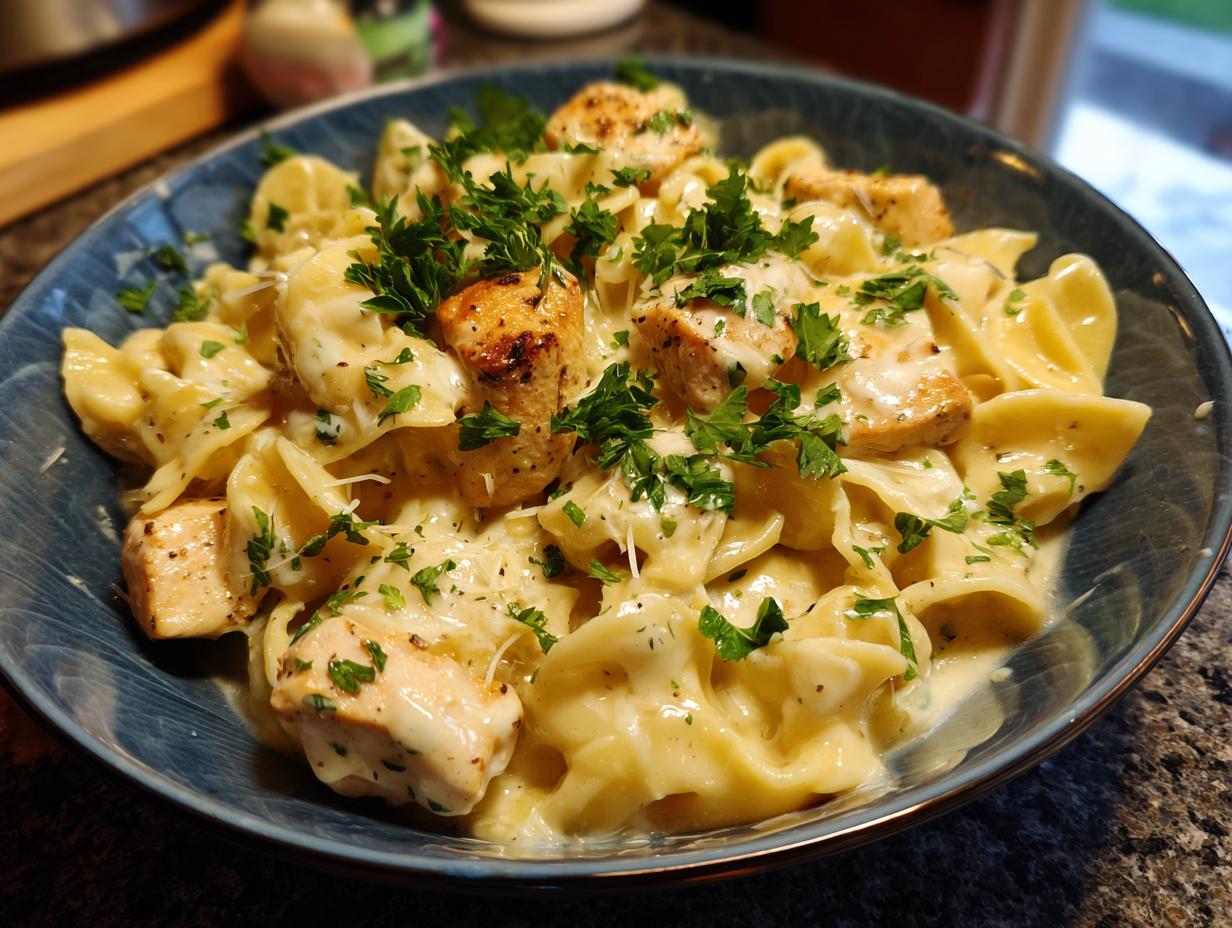 A close-up of a bowl of creamy garlic parmesan chicken with pasta and fresh parsley.