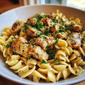 A close-up of a bowl of creamy garlic parmesan chicken served over rotini pasta, garnished with fresh parsley.