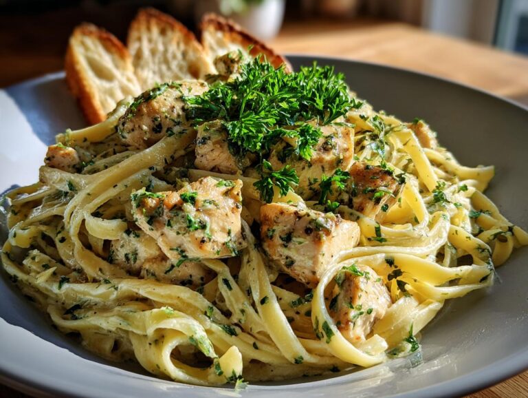 A close-up of creamy garlic parmesan chicken pasta with fettuccine noodles and toasted bread.