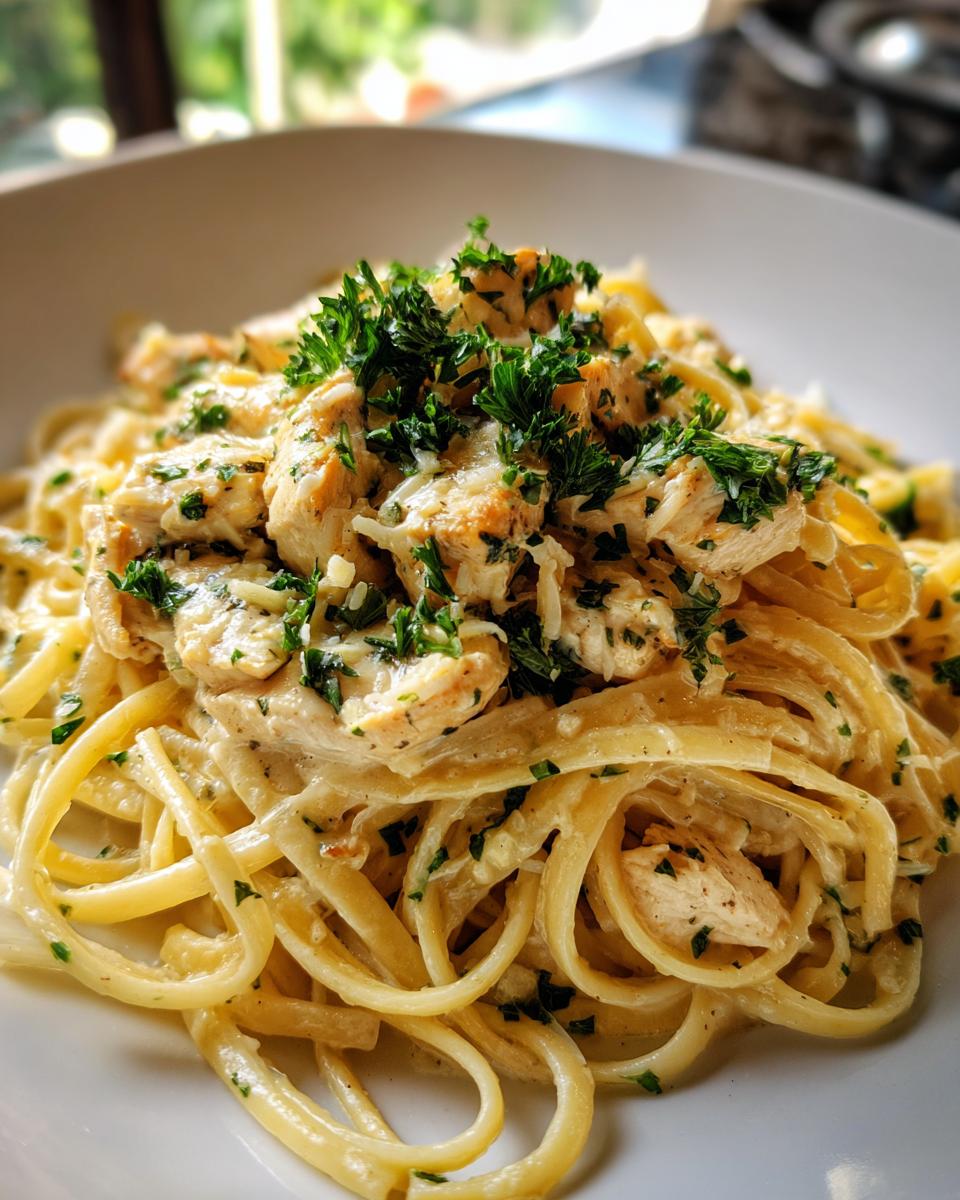 Close-up of creamy garlic parmesan chicken served over linguine pasta, garnished with fresh parsley.