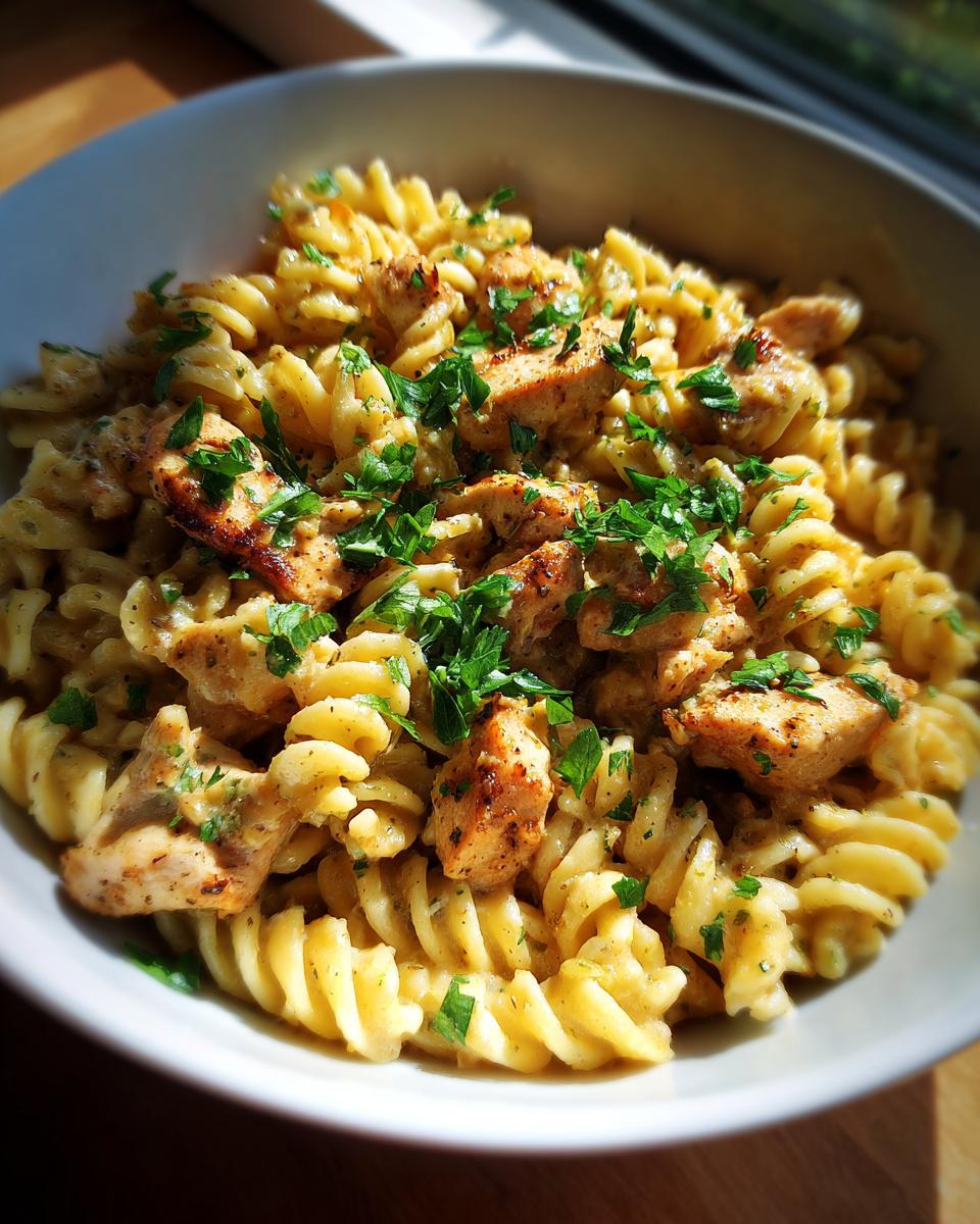 A close-up shot of creamy garlic parmesan chicken served over fusilli pasta, garnished with fresh parsley.