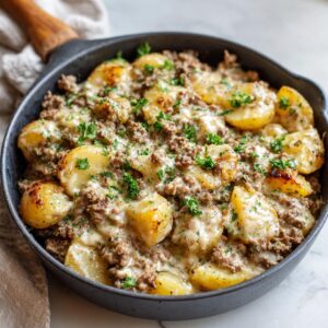 A cast iron skillet filled with a creamy meat potato skillet topped with fresh parsley.
