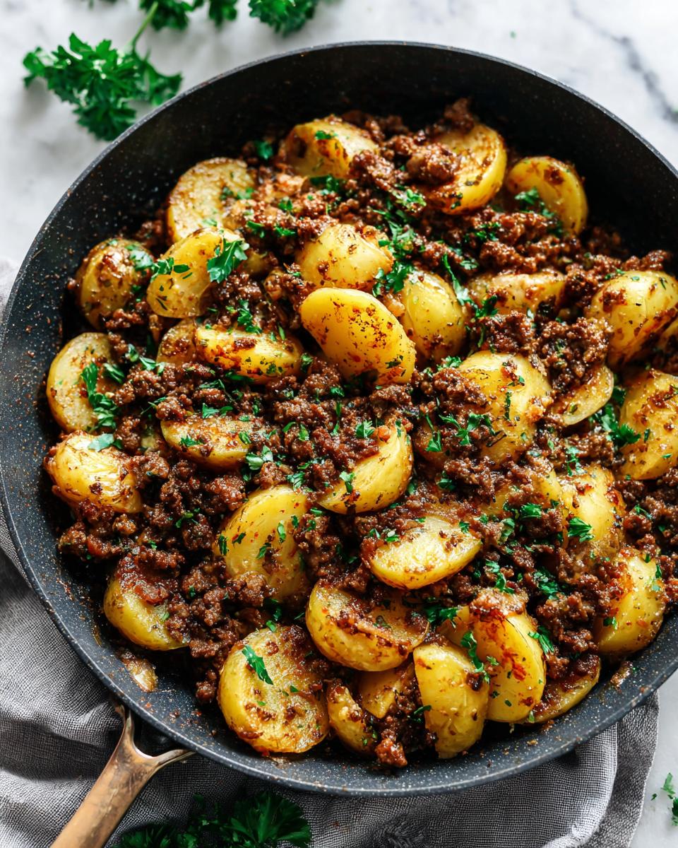 Close-up of a creamy meat potato skillet, featuring golden potatoes and seasoned ground meat, garnished with fresh parsley.