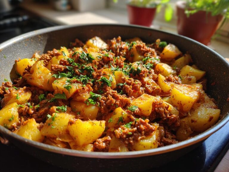 Close-up of a creamy meat potato skillet, featuring tender potatoes and seasoned ground meat, garnished with fresh parsley.