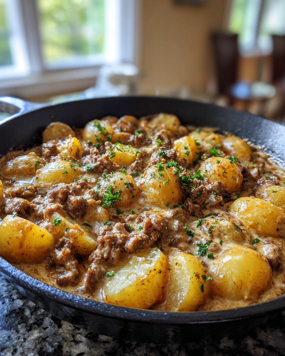 A close-up of a cast iron skillet filled with a creamy meat potato skillet, garnished with fresh parsley.