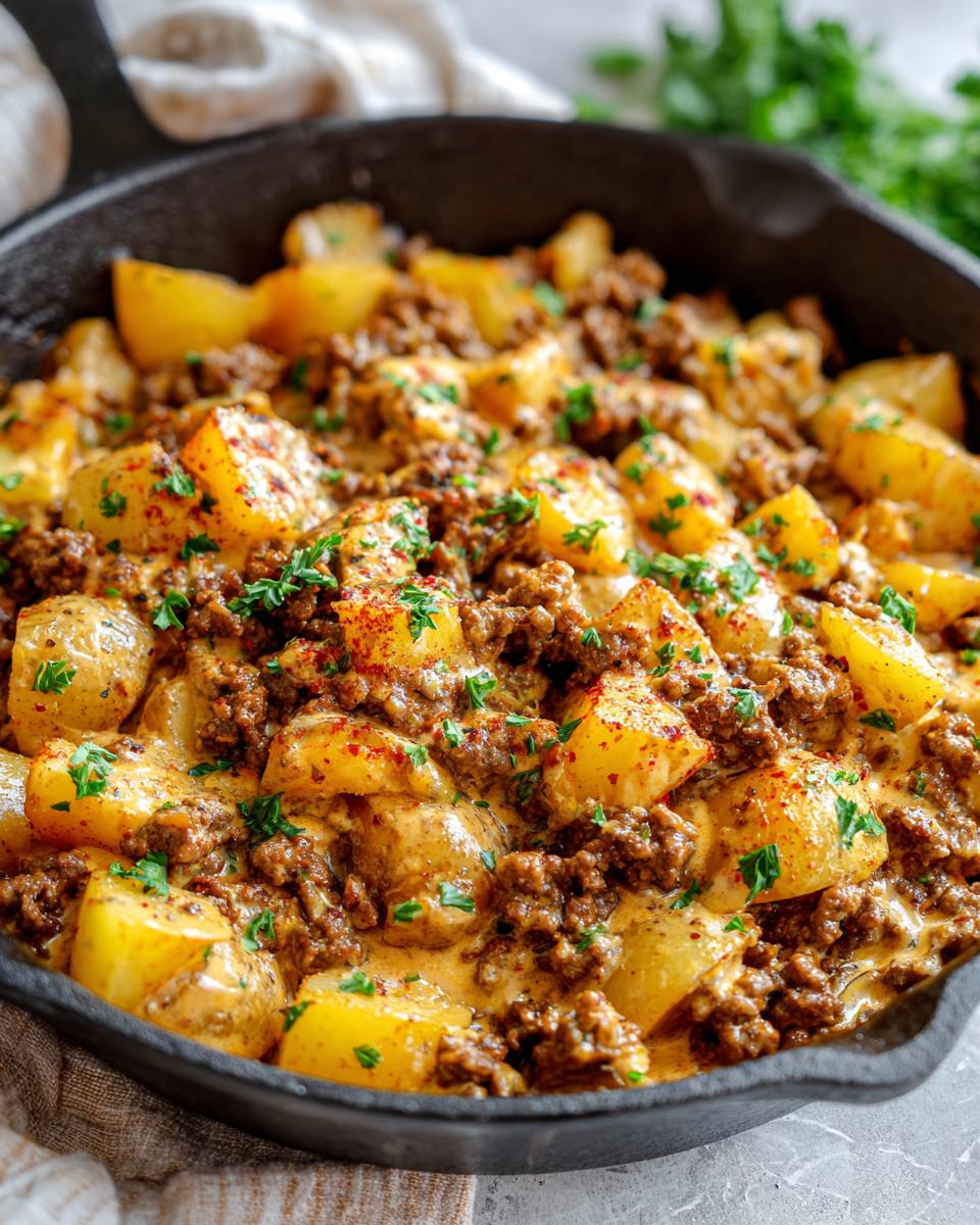 A close-up view of a creamy meat potato skillet, featuring tender potatoes and seasoned ground meat in a rich, cheesy sauce, garnished with parsley and paprika.