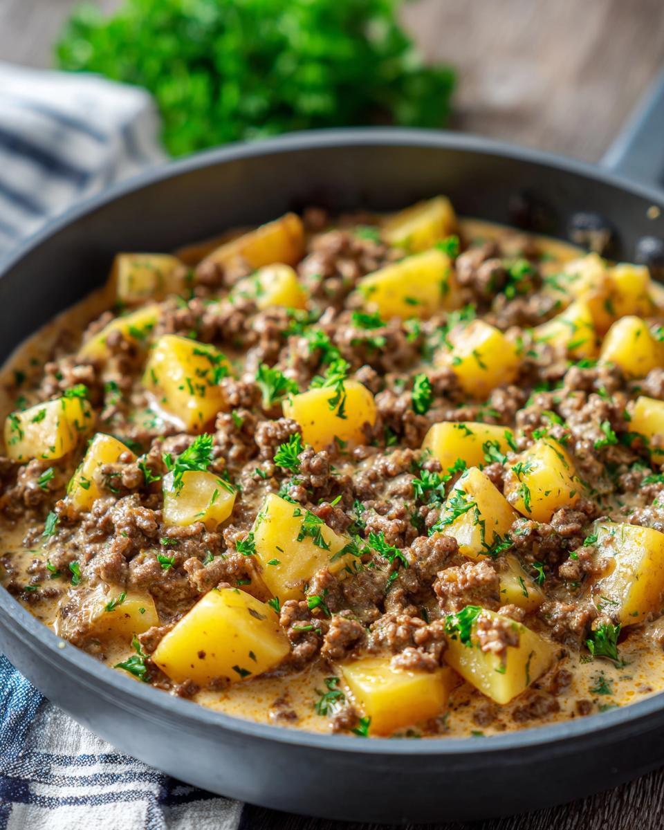 Close-up of a creamy meat potato skillet, showing ground meat in a rich sauce with tender potato chunks and fresh parsley.