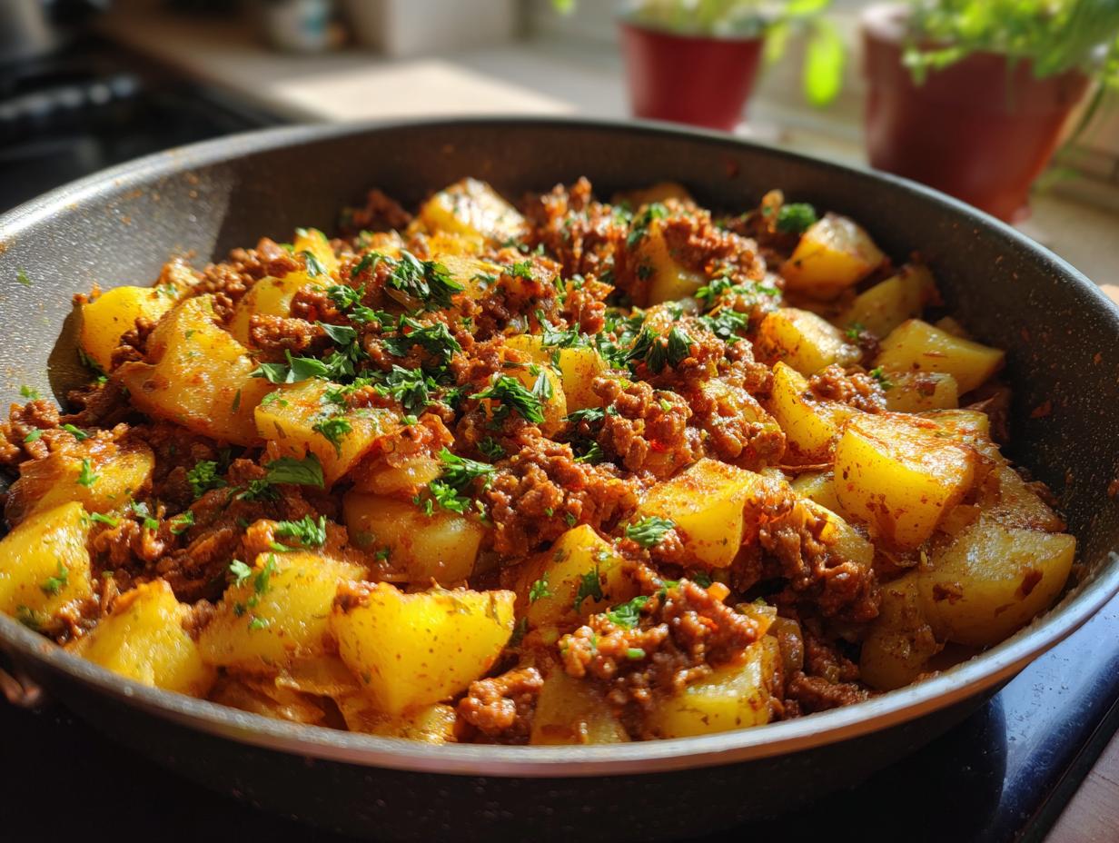 Close-up of a creamy meat potato skillet, featuring tender potatoes and seasoned ground meat, garnished with fresh parsley.