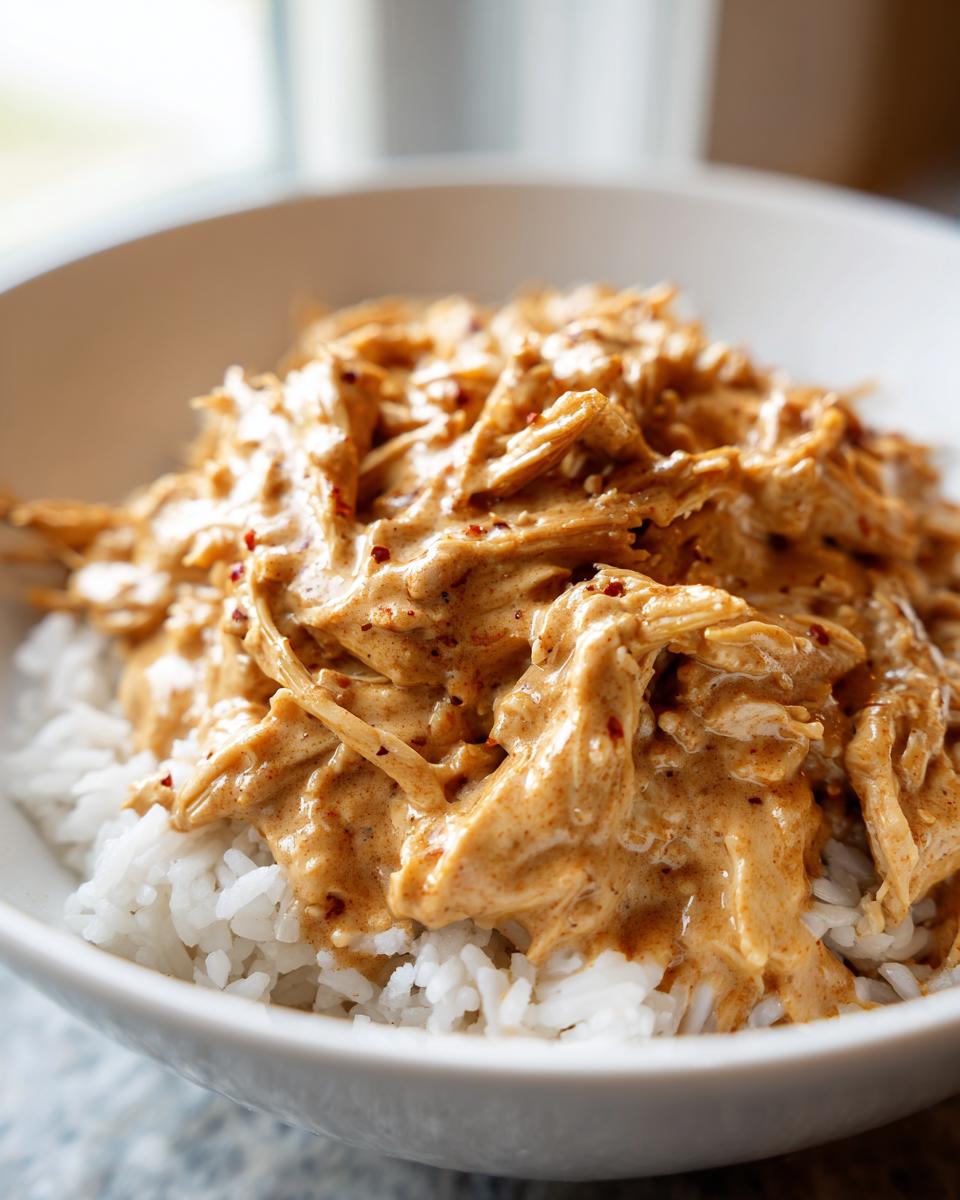 Close-up of shredded chicken in a creamy ranch sauce served over white rice in a bowl.