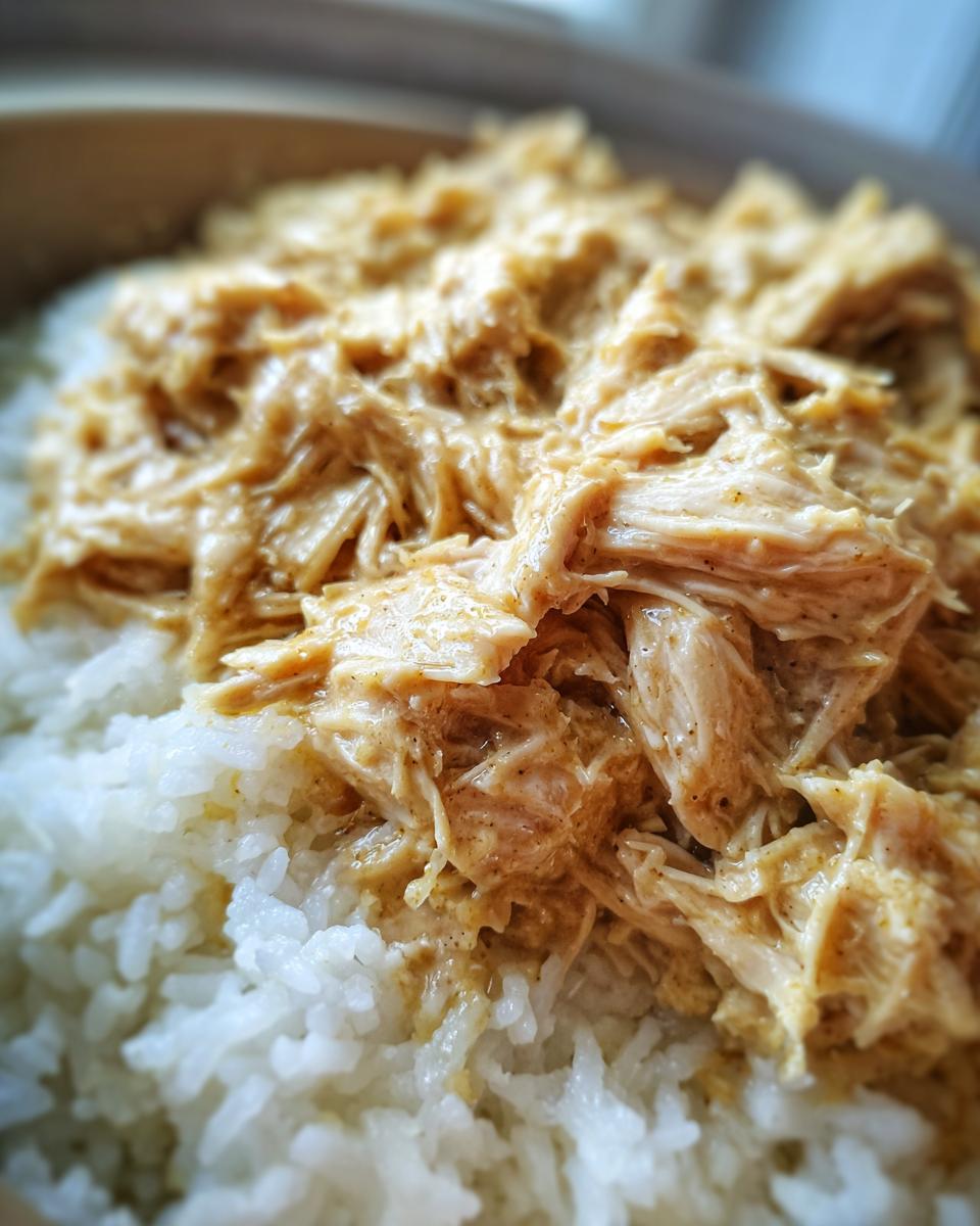 Close-up of shredded creamy ranch chicken crockpot served over a bed of fluffy white rice.