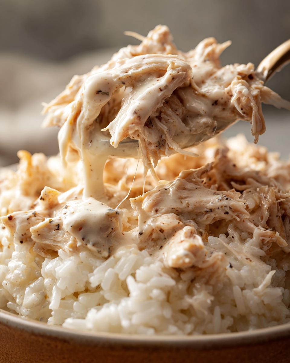 A spoonful of creamy ranch chicken crockpot being lifted from a bowl of white rice.