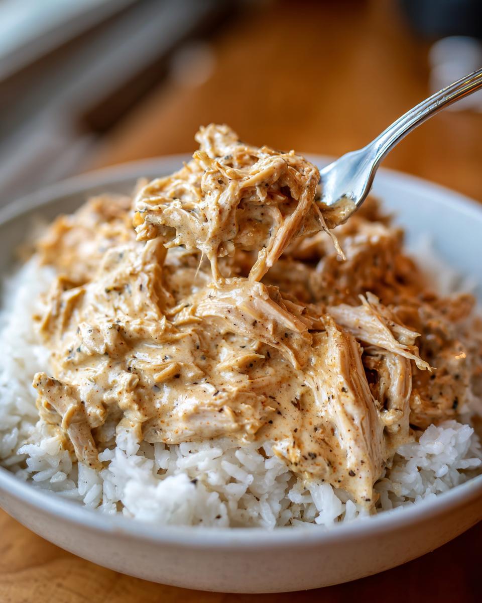 A fork lifting a portion of shredded Creamy Ranch Chicken Crockpot from a bowl of white rice.