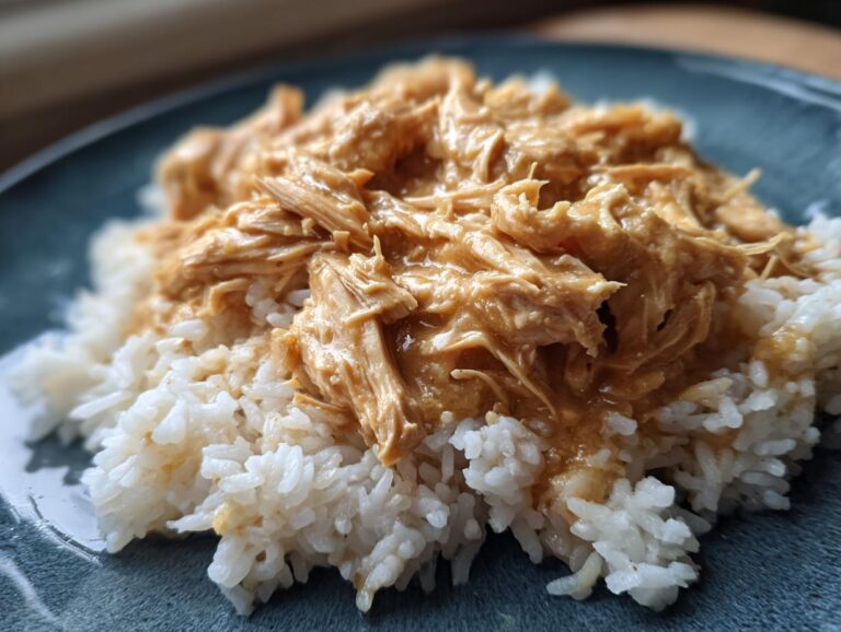 A close-up shot of shredded chicken in a creamy sauce served over white rice, featuring the creamy ranch chicken crockpot.