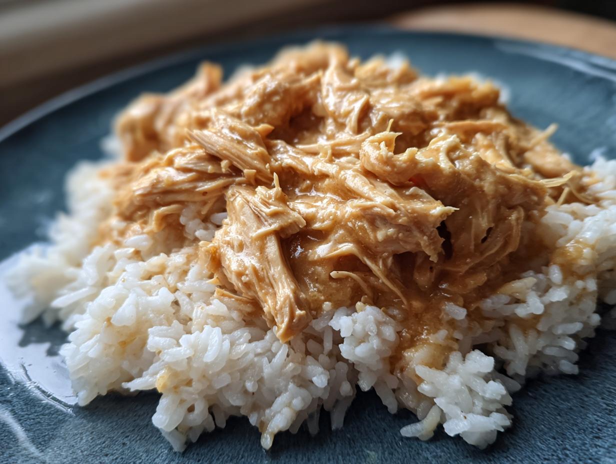 A close-up shot of shredded chicken in a creamy sauce served over white rice, featuring the creamy ranch chicken crockpot.