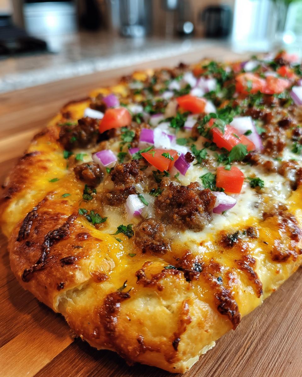 A close-up of a golden-brown crescent roll taco pizza topped with seasoned ground beef, melted cheese, diced tomatoes, red onions, and cilantro.