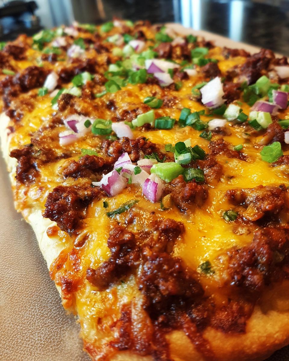 A close-up view of a freshly baked crescent roll taco pizza, topped with melted cheese, seasoned ground beef, red onion, and green onions.