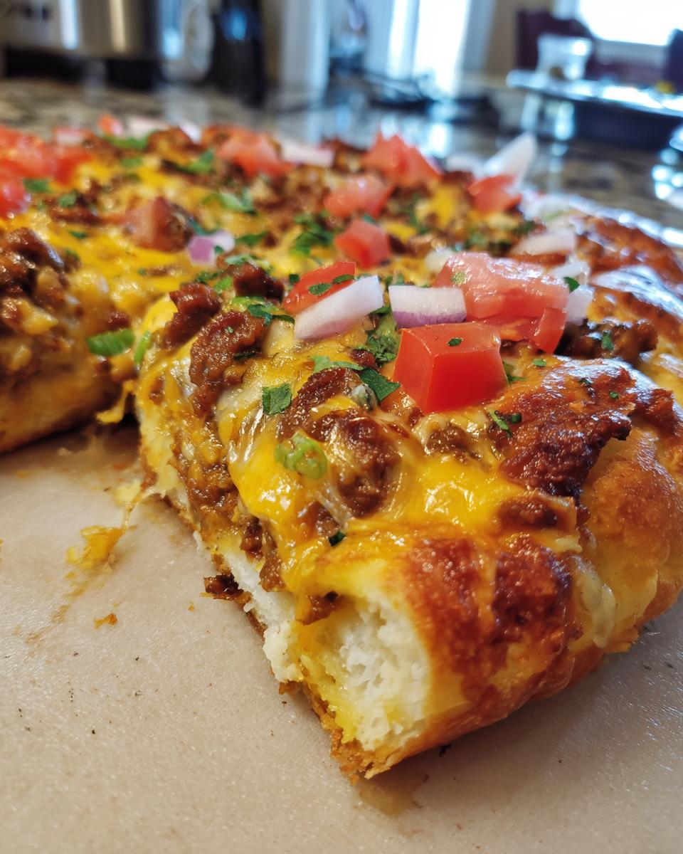A close-up of a slice of Crescent Roll Taco Pizza, showing the flaky crust, seasoned ground beef, melted cheese, and fresh tomato and onion toppings.