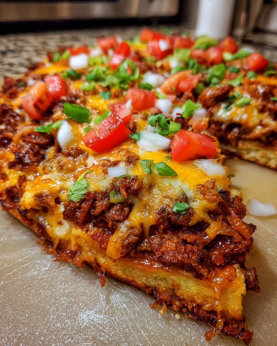 A close-up of a slice of Crescent Roll Taco Pizza, topped with seasoned ground beef, melted cheese, tomatoes, onions, and green onions.