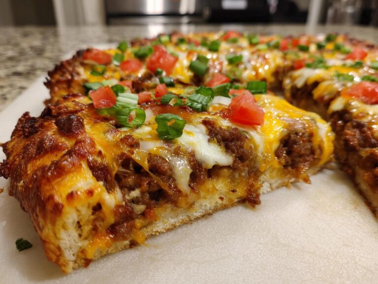 A close-up of a slice of crescent roll taco pizza, topped with melted cheese, seasoned ground beef, tomatoes, and green onions.