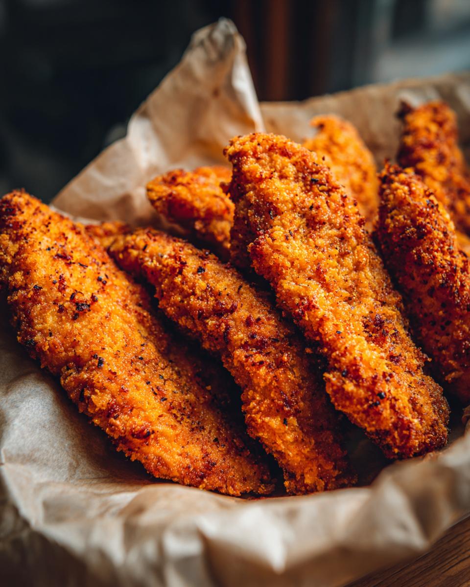A close-up shot of golden brown, crispy baked chicken tenders served in a rustic basket lined with parchment paper.