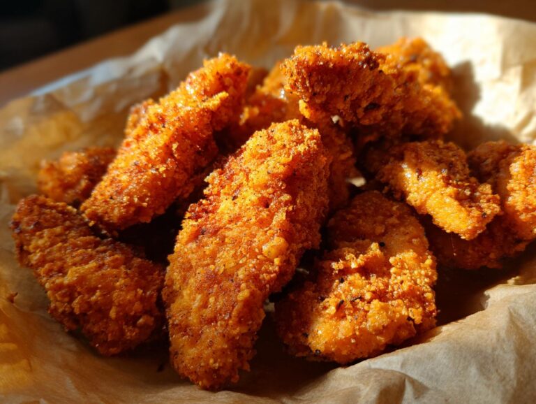 A close-up, golden-brown view of several crispy baked chicken tenders piled on brown parchment paper.