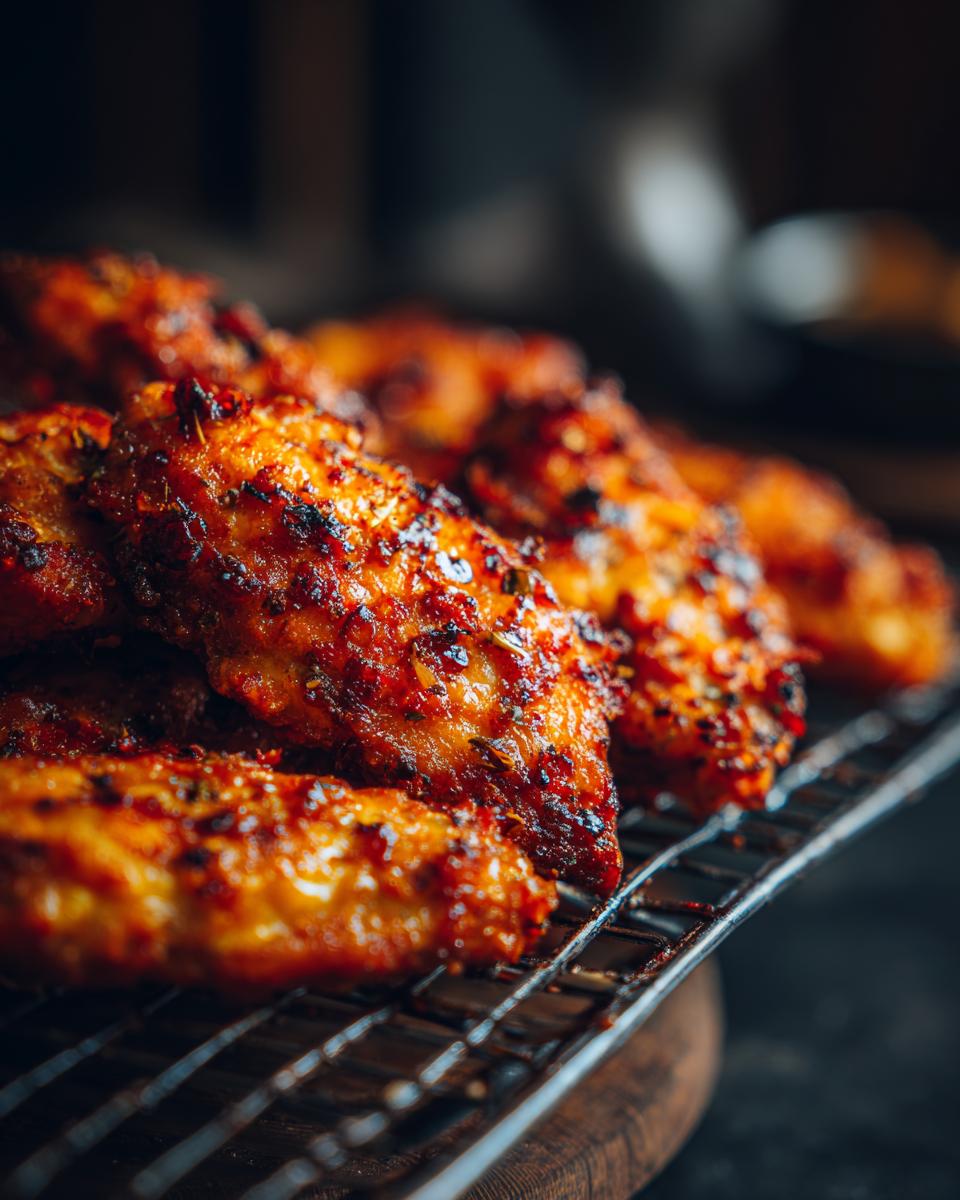 Close-up of delicious crispy baked chicken tenders seasoned with spices, resting on a metal cooling rack.