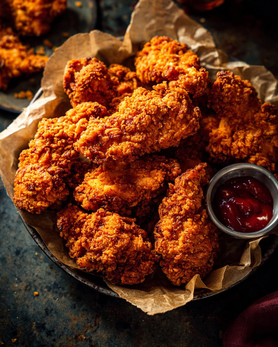 A close-up of a bowl filled with golden-brown, crispy baked chicken tenders served with a small dish of ketchup.