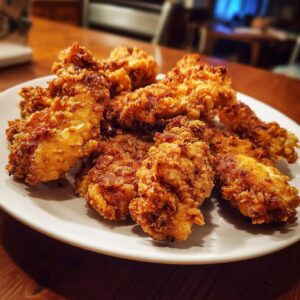 A white plate filled with golden brown, crispy baked chicken tenders.