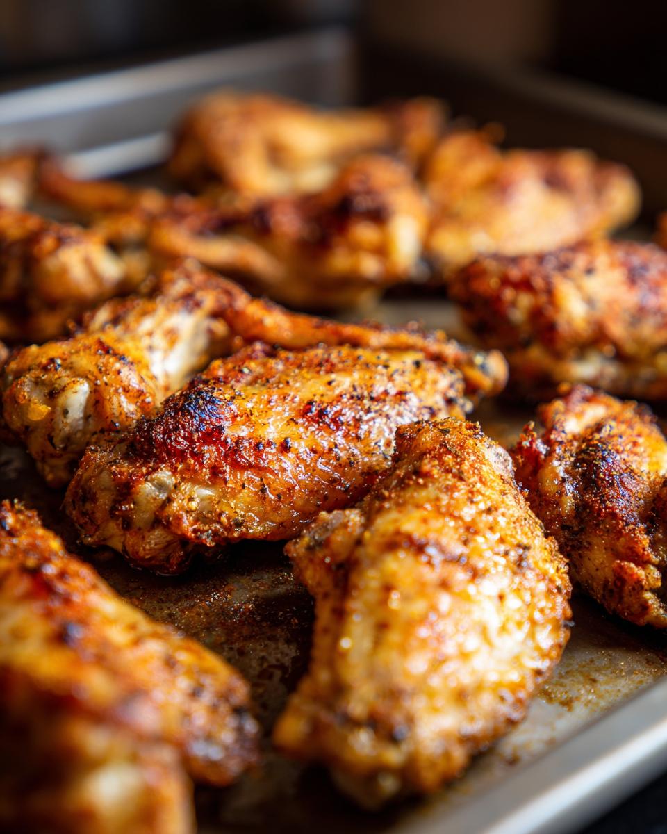 Close-up of perfectly crispy baked chicken wings seasoned with spices on a baking sheet.